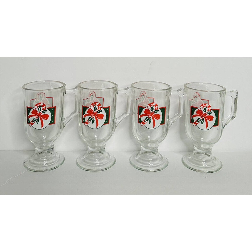 Christmas Mugs Set 4 HOMCO Boxed Clear Glass Footed‎ Candy Cane 8770-BD USA Made